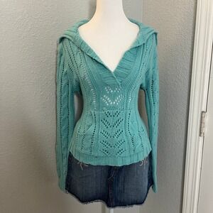 Crochet Knit Hoodie Sweater Pullover V Neck Long Sleeve Casual Cute Top‎